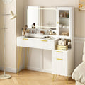 43' Vanity Desk with Mirror and Lights, Makeup Vanity Table with 4 Drawers, White Dressing Table for Bedroom, Fluted Makeup Desk with Modern Glass Top, 3 Lighting Modes Adjustable Brightness