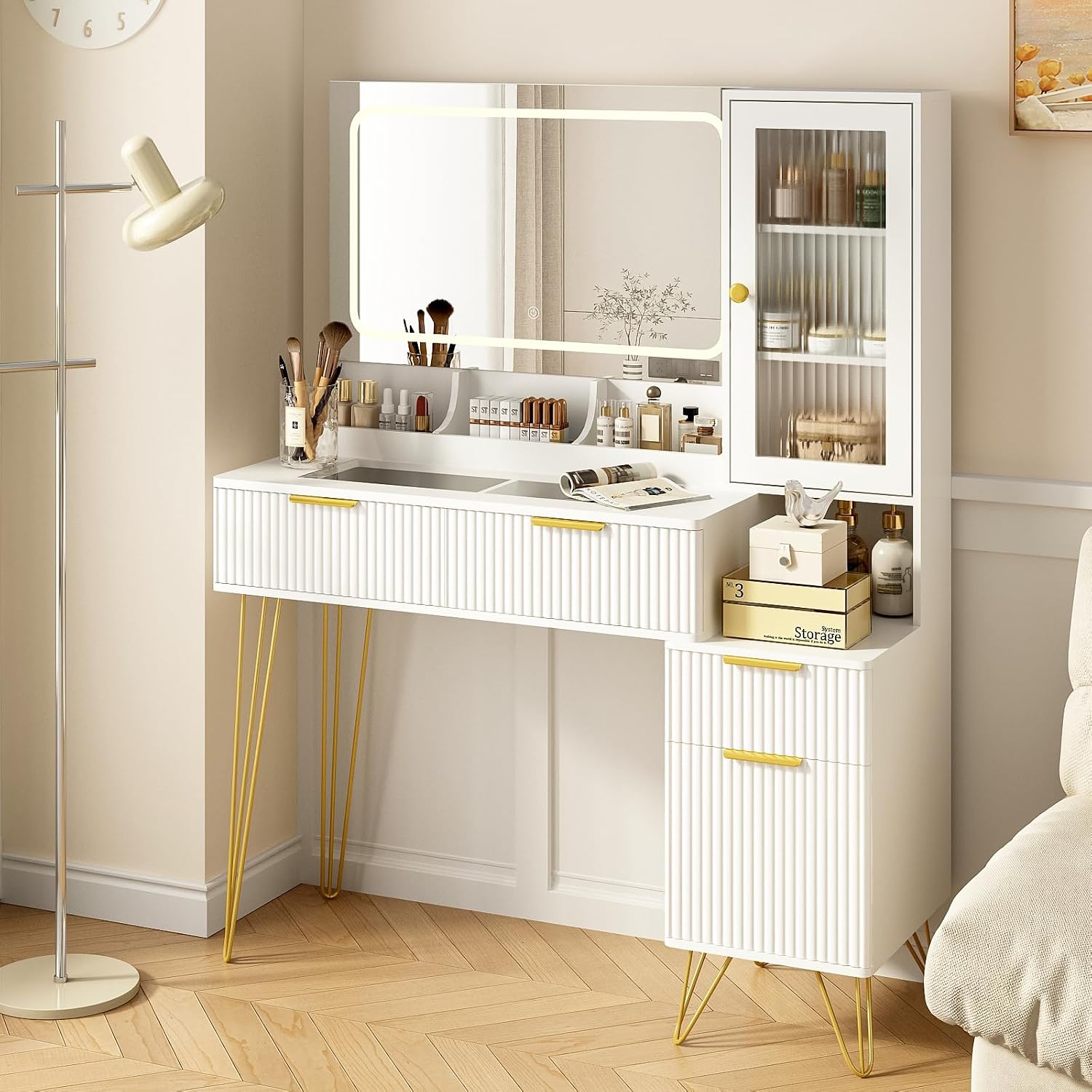 43' Vanity Desk with Mirror and Lights, Makeup Vanity Table with 4 Drawers, White Dressing Table for Bedroom, Fluted Makeup Desk with Modern Glass Top, 3 Lighting Modes Adjustable Brightness