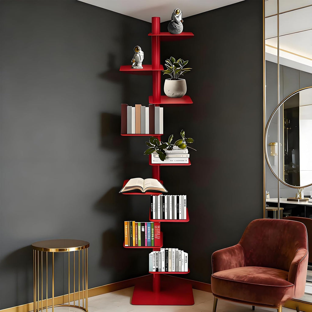 Rotating 9-Tier Bookshelf, Metal Spine Book Tower with 360° Spin, Tall Narrow Corner Bookcase, Floor Standing Storage Shelf for Bedroom, Living Room, Home Office Red