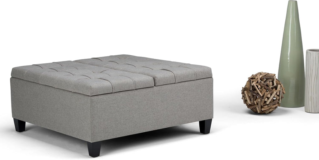 SIMPLIHOME Harrison Coffee Table Storage Ottoman - 36 inch Wide Upholstered Linen Look Fabric Square Lift-Top Ottoman in Dove Grey, Transitional Ottoman for Living Room with Hidden Storage