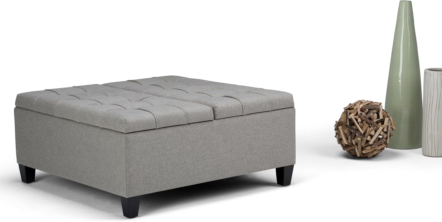 SIMPLIHOME Harrison Coffee Table Storage Ottoman - 36 inch Wide Upholstered Linen Look Fabric Square Lift-Top Ottoman in Dove Grey, Transitional Ottoman for Living Room with Hidden Storage