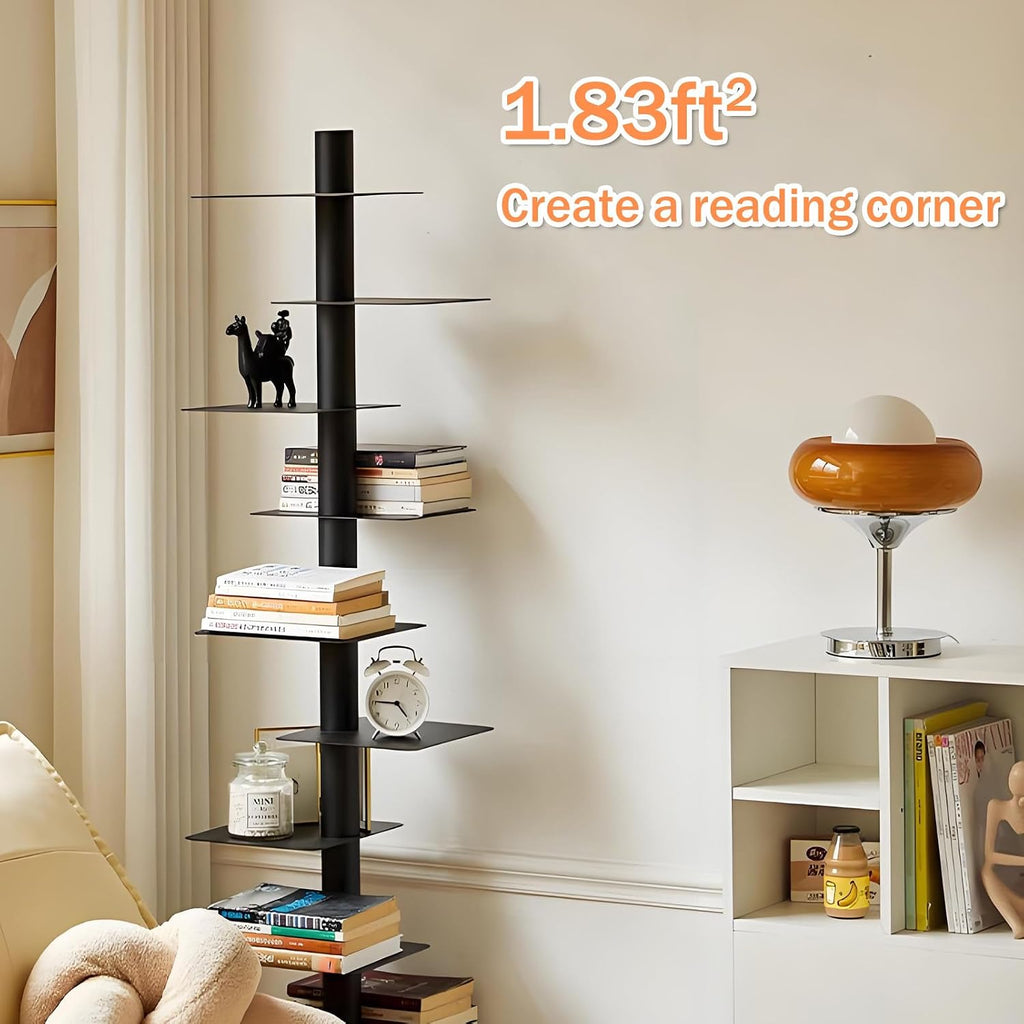 Rotating 9-Tier Bookshelf, Metal Spine Book Tower with 360° Spin, Tall Narrow Corner Bookcase, Floor Standing Storage Shelf for Bedroom, Living Room, Home Office Black