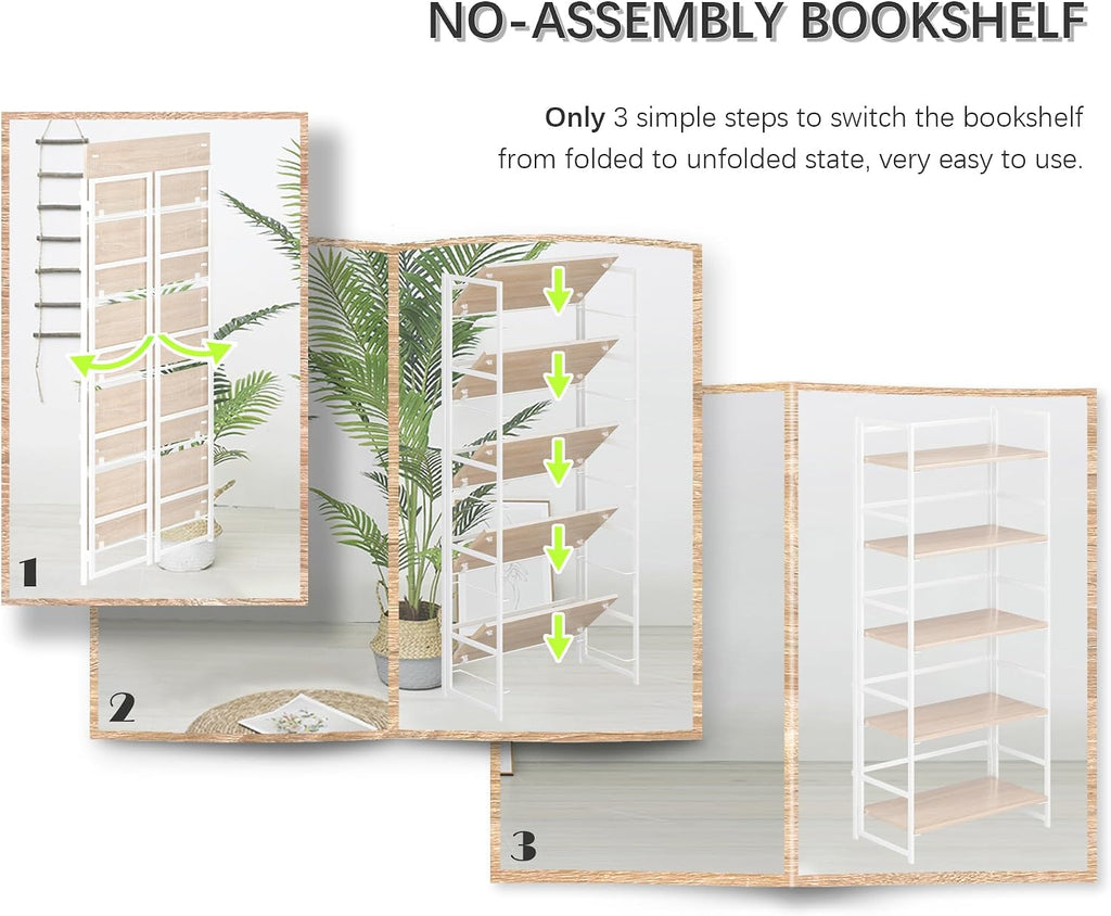 4NM No Assembly 5 Tier Collapsible Book Shelves, 51.2' H x 23.6' W Folding Bookshelf Bookcase Open Industrial Foldable Shelf for Bedroom, Living Room, Home Office - Natural White