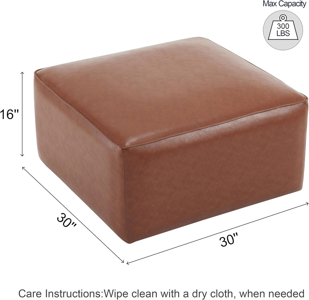 Christopher Knight Home Faux Leather Ottoman Footstool, Square Pouf Poufee Footrest Ottoman Large Seat, Modern Side Table for Living Room Bedroom Home Decor Gifts, Light Brown 30'