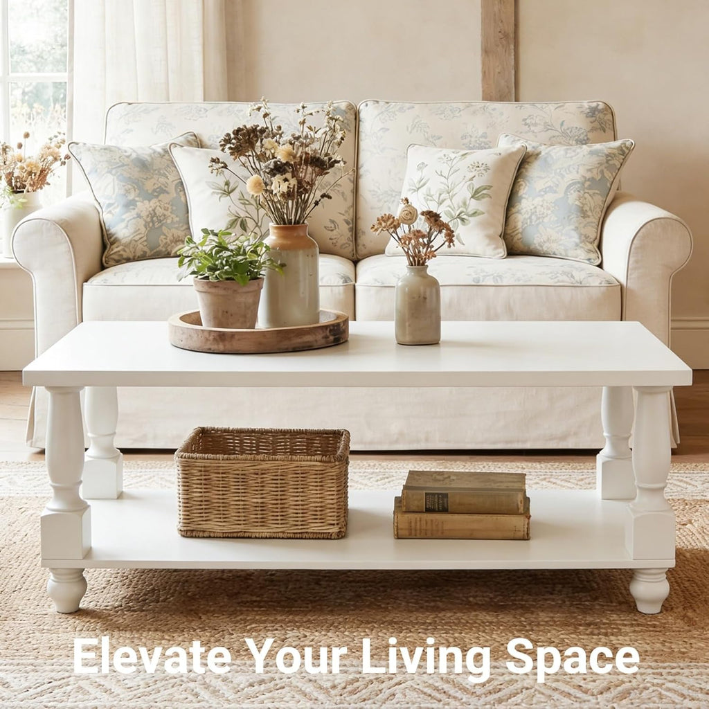 Homieasy Farmhouse Coffee Table with Storage, 47' Rectangular Living Room Center Table with Solid Wood Legs and Thickened Top, 2-Tier Wood Coffee Table with Turned Legs, Easy Assembly, White