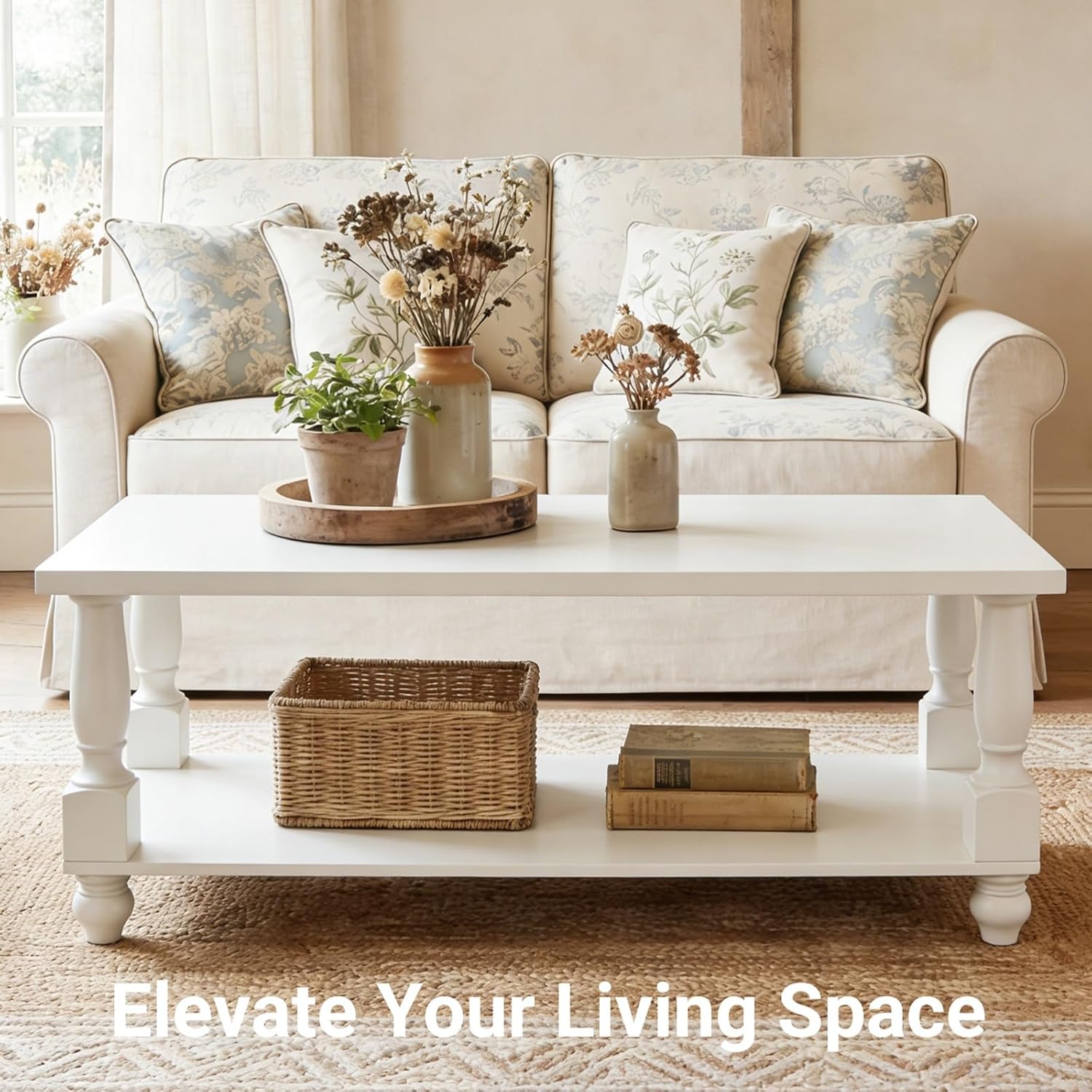 Homieasy Farmhouse Coffee Table with Storage, 47' Rectangular Living Room Center Table with Solid Wood Legs and Thickened Top, 2-Tier Wood Coffee Table with Turned Legs, Easy Assembly, White