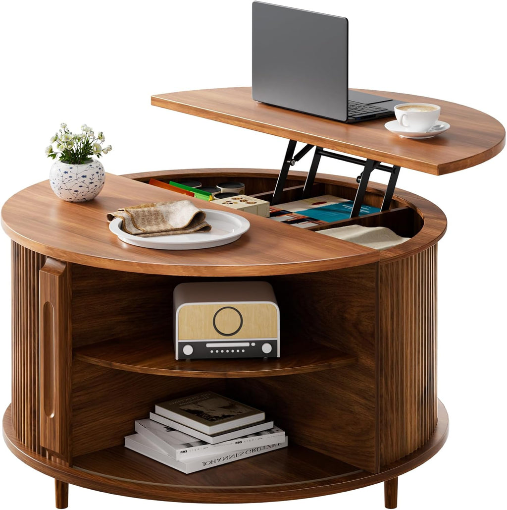 Round Lift Top Coffee Table, 31.5' Fluted Wood Lift Up Center Table with Sliding Door & Hidden Storage – Mid Century Modern Circle Coffee Table for Living Room, Home Office, Apartment (Walnut)