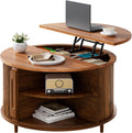Round Lift Top Coffee Table, 31.5' Fluted Wood Lift Up Center Table with Sliding Door & Hidden Storage – Mid Century Modern Circle Coffee Table for Living Room, Home Office, Apartment (Walnut)