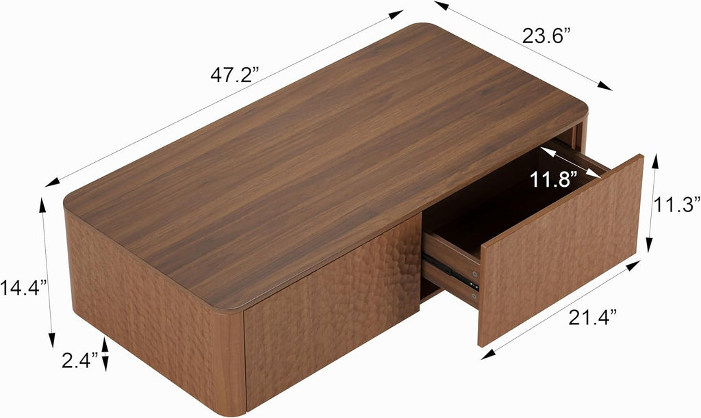 SSLine 47.2' Hammered Wood Coffee Table with 2 Storage Drawers, Modern Rectangle Center Table with Curved Edges & Textured Finish for Living Room Home Office,Brown