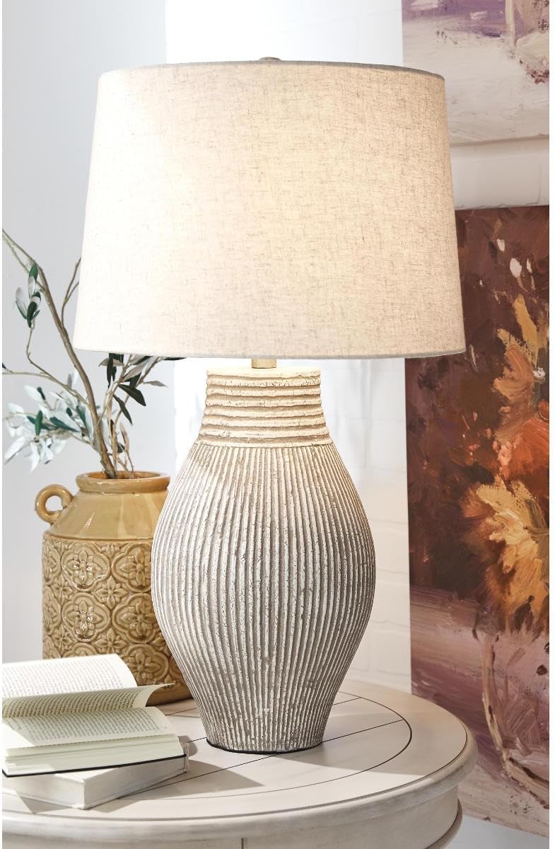 Signature Design by Ashley Layal Modern Table Lamp, Textured Paper Composite Base, Modified Drum Shade, 3-Way Switch Lighting for Living Room or Bedroom, 16 Inch Diameter, Beige
