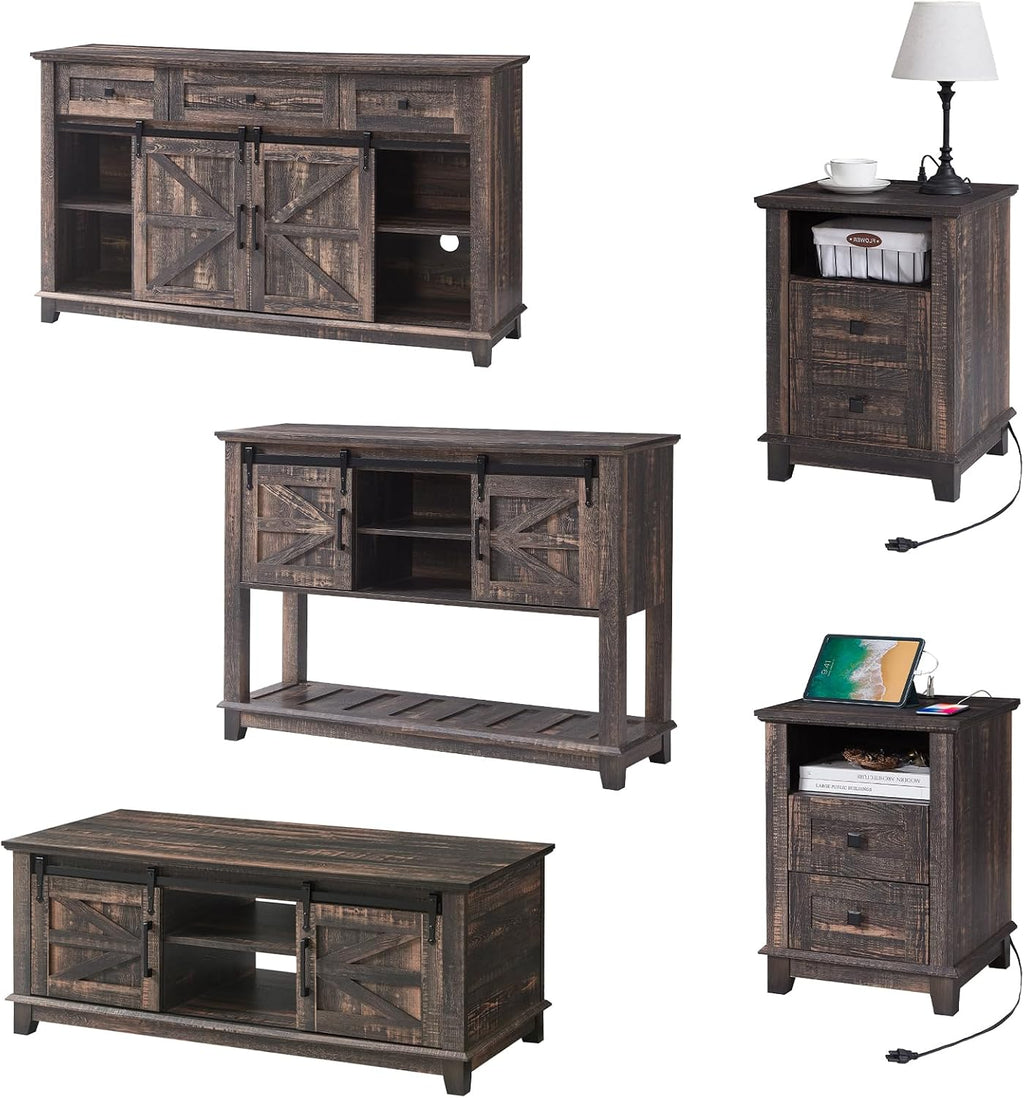 AMERLIFE Farmhouse 5-Piece Set, 18' End Tables Set of 2 with Charging Station,TV Stand for 65'+ TV, Storage Coffee Table & 46'' Entryway Table, Sliding Barn Doors,Adjustable Shelves, Rustic Oak Black