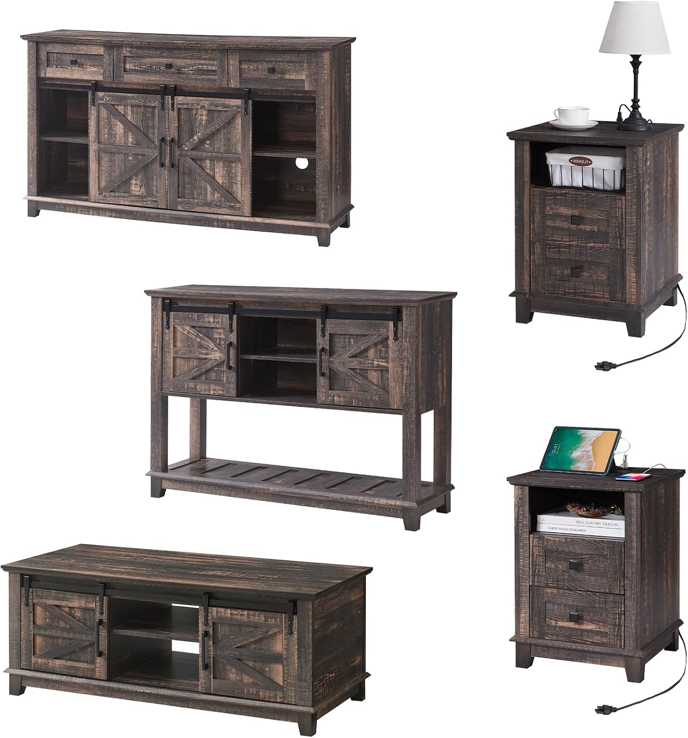 AMERLIFE Farmhouse 5-Piece Set, 18' End Tables Set of 2 with Charging Station,TV Stand for 65'+ TV, Storage Coffee Table & 46'' Entryway Table, Sliding Barn Doors,Adjustable Shelves, Rustic Oak Black