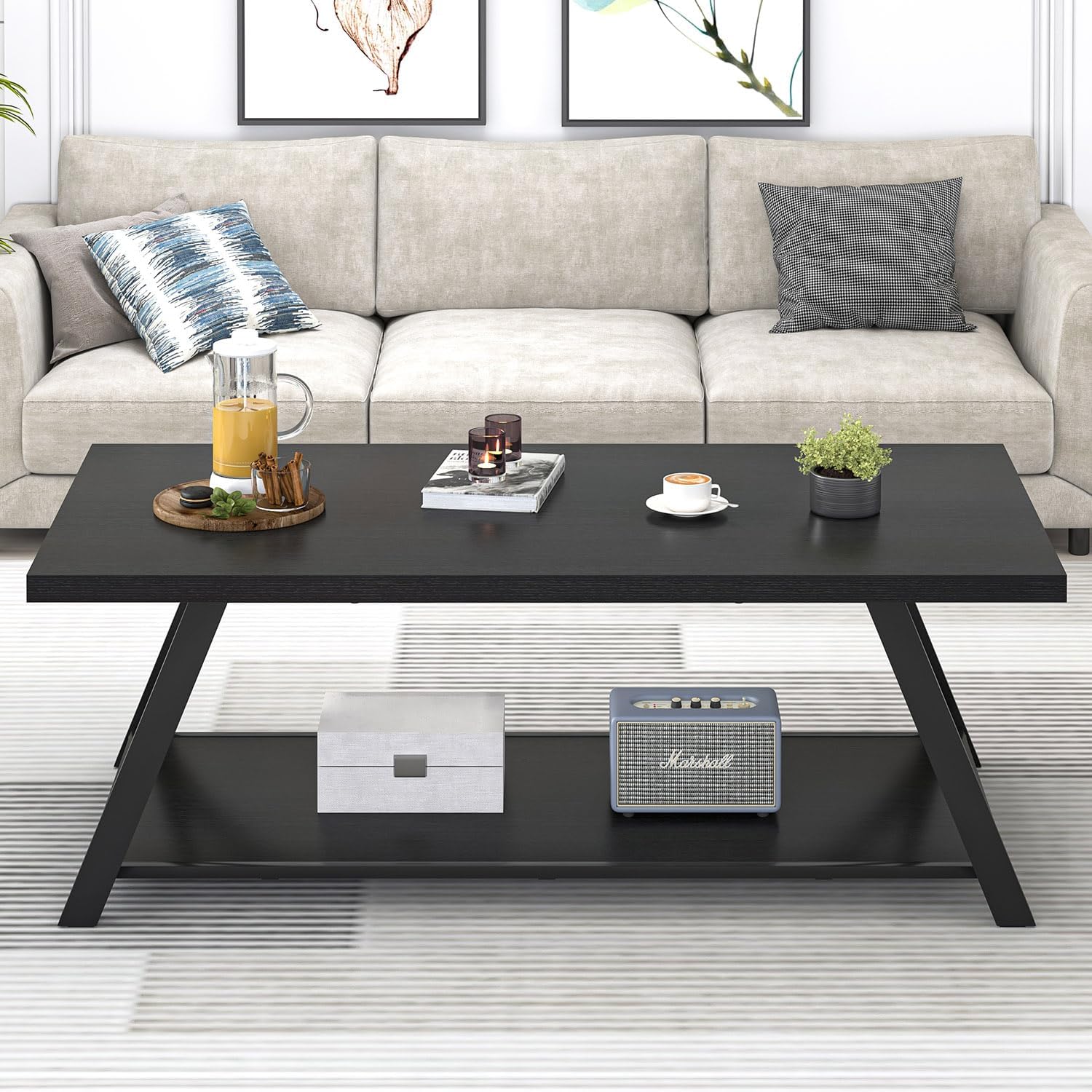 EXCEFUR Black Coffee Table, Modern Wood and Metal Center Table with Storage Shelf, Industrial Rectangle Cocktail Tea Table for Living Room, 47 Inch