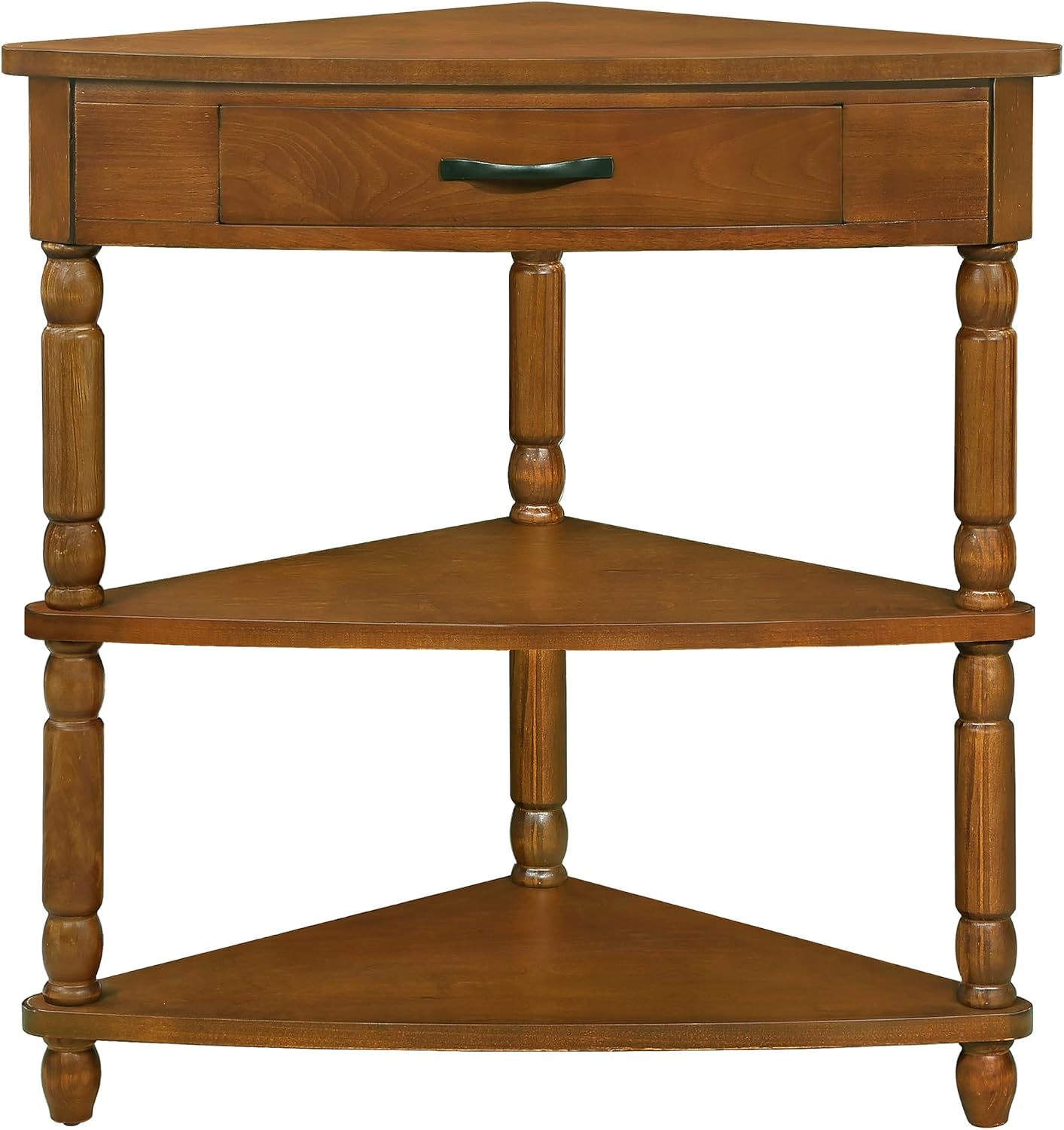 GDFStudio Trmxmbi 3 Tier Corner Console Table with 1 Storage Drawers and Shelves, 33.8'' Rustic Wood Triangle Sofa End Table for Small Spaces, Solid Wood Legs, Brown