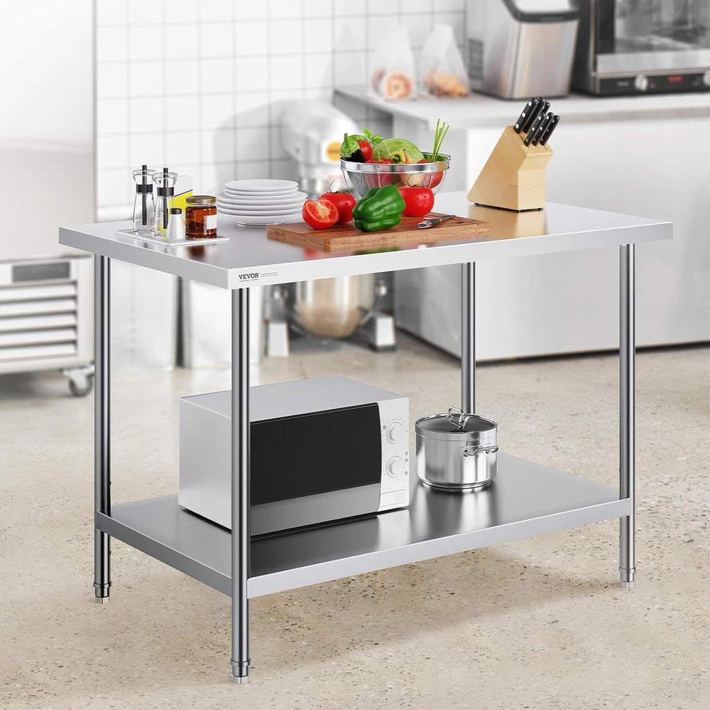 VEVOR Stainless Steel Prep Table, 30 x 48 x 34 Inch, 880 lbs Load Capacity, Heavy Duty Metal Worktable with 3 Adjustable Height Levels, Commercial Workstation for Kitchen Garage Restaurant Backyard
