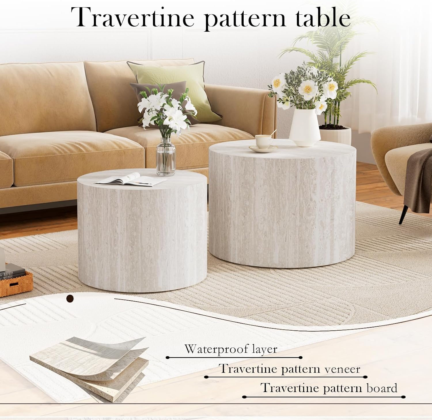 Round Wood Coffee Table Set of 2 Modern Circle Nesting Coffee Table Handcrafted Drum Nesting Table Nesting Coffee Tables for Living Room for Small Space (Travertine B (D18.2+D14.6 inch))