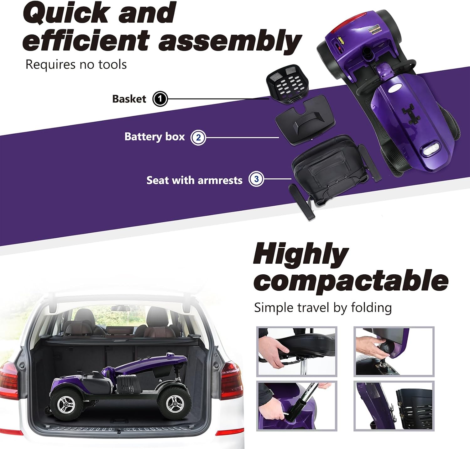 Mobility Scooters for Seniors & Adults 400 Lb Weight All Terrain,Heavy Duty 4 Wheel Powered Scooter,Luxury Seat and Front Rear Led Lights,Foldable Disability Electric Wheelchair,15Miles,Purple