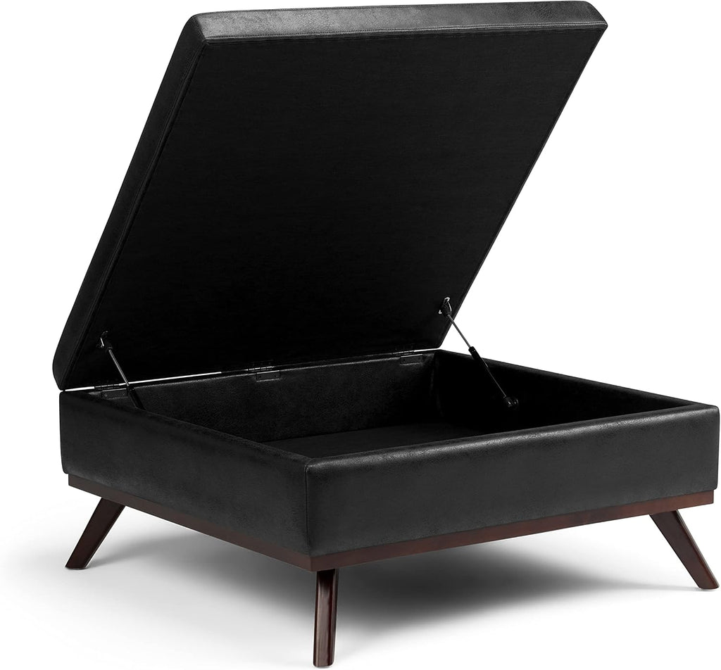 SIMPLIHOME Owen Square Coffee Table Storage Ottoman - 36 inch Wide Upholstered Vegan Leather Lift-Top Ottoman in Distressed Black, Mid-Century Modern Ottoman for Living Room with Tufted Detail