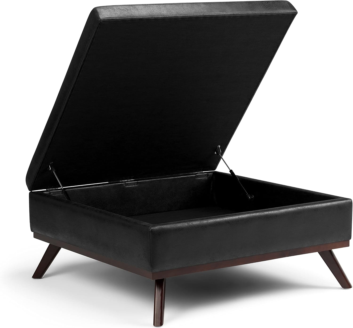 SIMPLIHOME Owen Square Coffee Table Storage Ottoman - 36 inch Wide Upholstered Vegan Leather Lift-Top Ottoman in Distressed Black, Mid-Century Modern Ottoman for Living Room with Tufted Detail