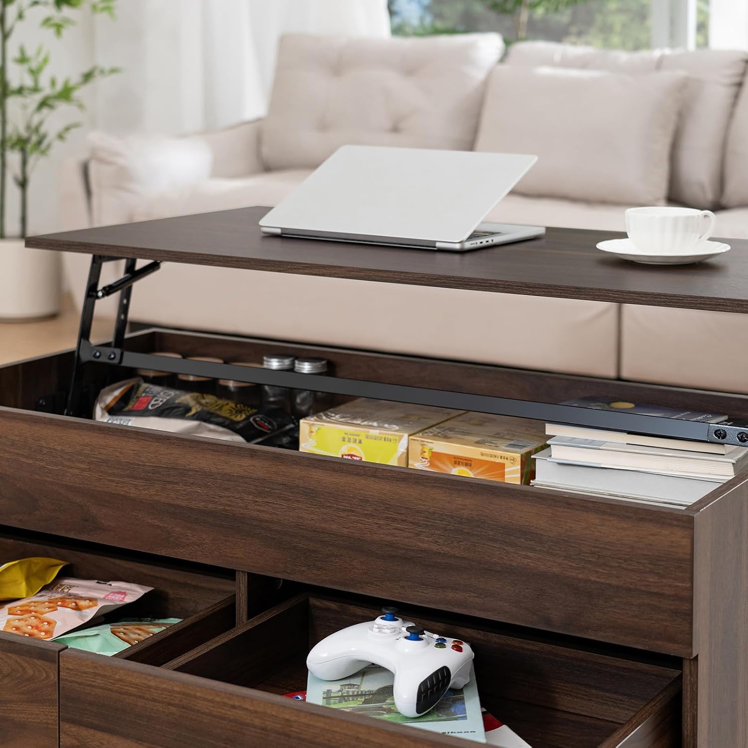 HOMMPA 40'' Lift Top Coffee Table for Living Room, Walnut Coffee Tables with Storage, LED Modern Coffee Table Rectangular Wooden Gloss, Flip Top Center Table with 2 Drawers and Hidden Compartment
