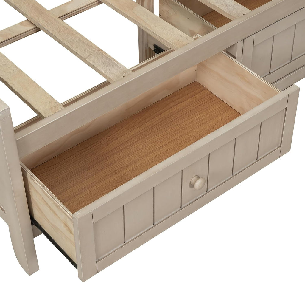 Full Size Daybed with Storage Shelves and 3 Drawers, Antique White Milk, Solid Wood + MDF, Farmhouse Corner Daybed Frame with Storage for Living Room, Bedroom, Guest Room