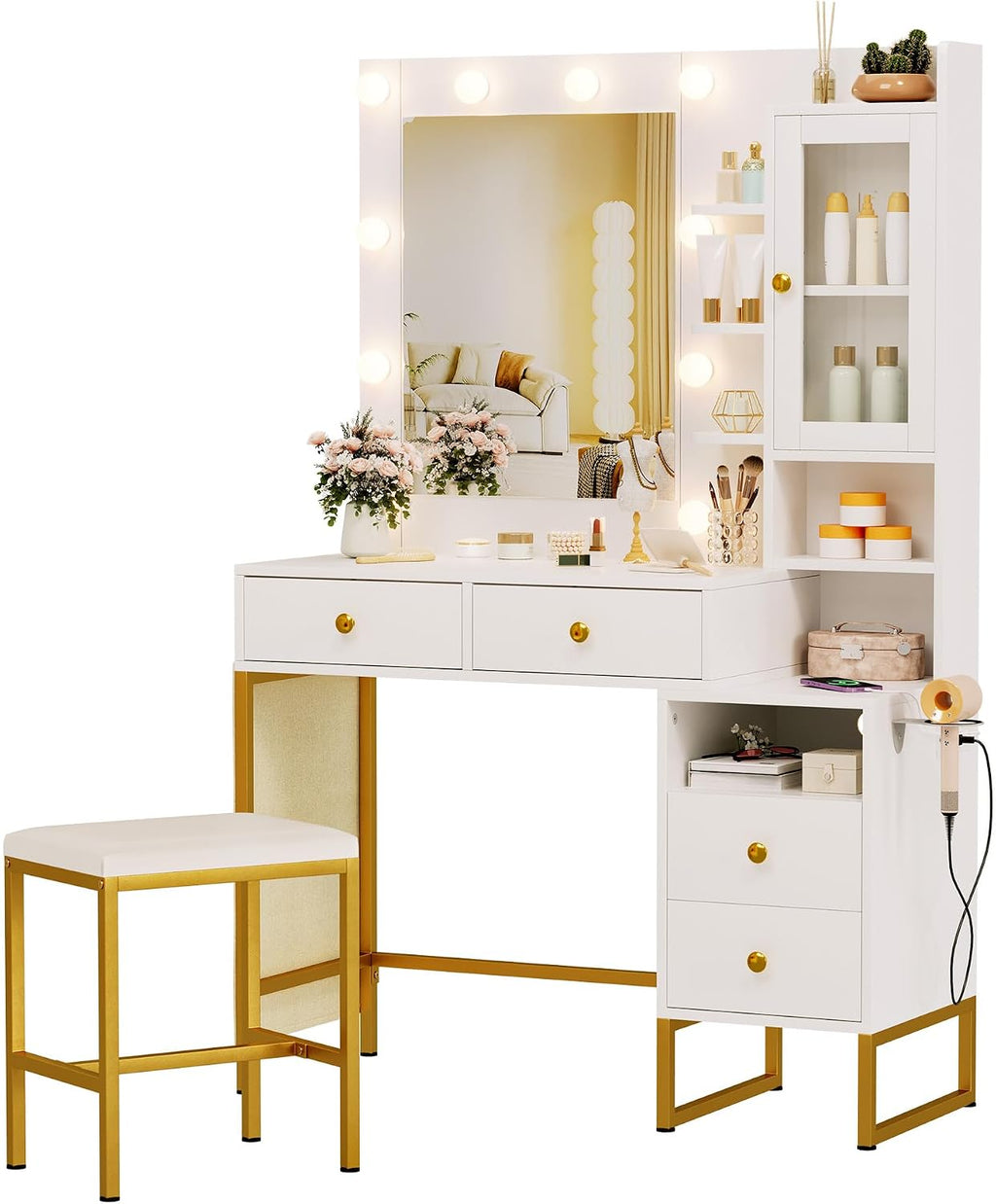 NUNU LAB Morden Makeup Vanity Desk with Mirror, Bedroom Dressing Table Set with Storage Shelf and 5 Drawers, Large Vanity Table with 10 LED Lights for Women, Girls, Teens