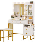NUNU LAB Morden Makeup Vanity Desk with Mirror, Bedroom Dressing Table Set with Storage Shelf and 5 Drawers, Large Vanity Table with 10 LED Lights for Women, Girls, Teens
