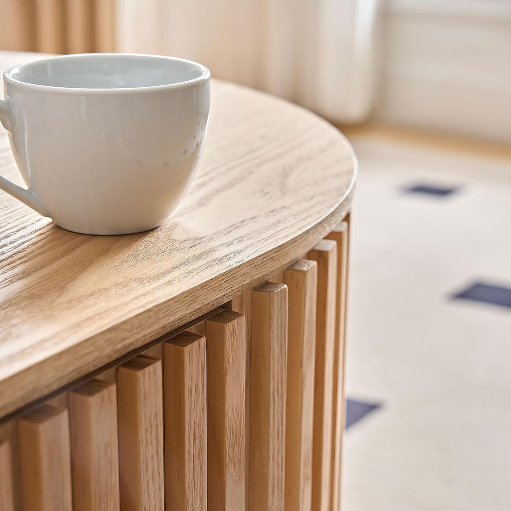 Oak Oval Coffee Table with Storage for Living Room 51.18' Wooden Fluted Coffee Table with Drawer Modern Handcrafted Centre Table Easy Assembly