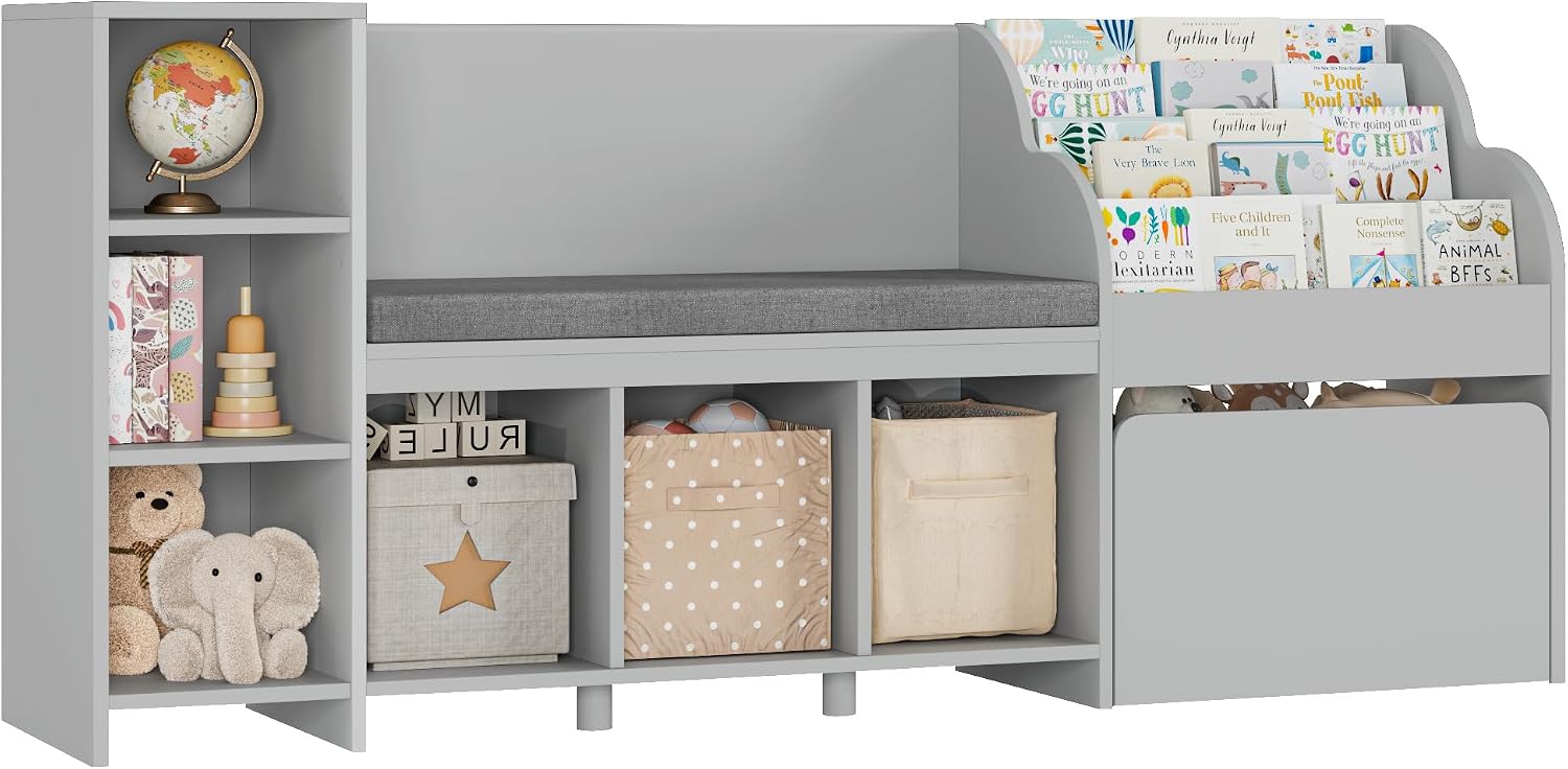 HOSTACK 67' W Kids Reading Nook with Toy Storage Organizer, Large Kids Bookshelf with Toy Storage Box on Wheels, Big Kid Bookcase with Bench and 6 Open Cubbies for Playroom, Kid Room, Grey