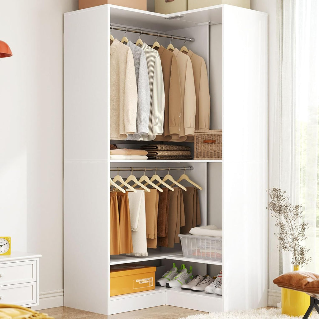 Homieasy Corner Closet System Modular with Upper & Lower Hanging Areas and Shoe Shelf, Corner Wardrobe Organizer, Easy Assembly, Anti-Tip Design, Perfect for Bedroom or Walk-In Closet, White