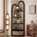 5-Tier Corner Shelf, Multi-Functional Rattan Triangle Bookshelf with Storage Basket, Solid Wood Floor Standing Cabinet for Living Room, Bedroom, Office(Black)