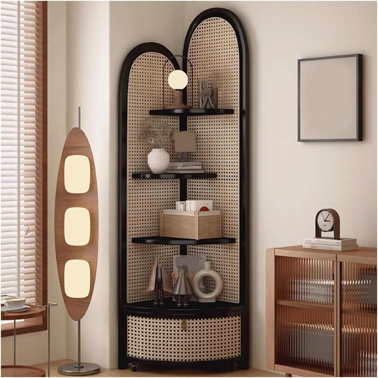 5-Tier Corner Shelf, Multi-Functional Rattan Triangle Bookshelf with Storage Basket, Solid Wood Floor Standing Cabinet for Living Room, Bedroom, Office(Black)