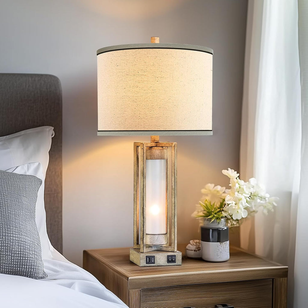 25' Set of 2 Farmhouse Table Lamps for Living Room with USB A+C Ports, Rustic Nightstand Lamp with White Night Light, Vintage Desk Lamp for Entryway Bedroom End Table, 4 Bulbs Included