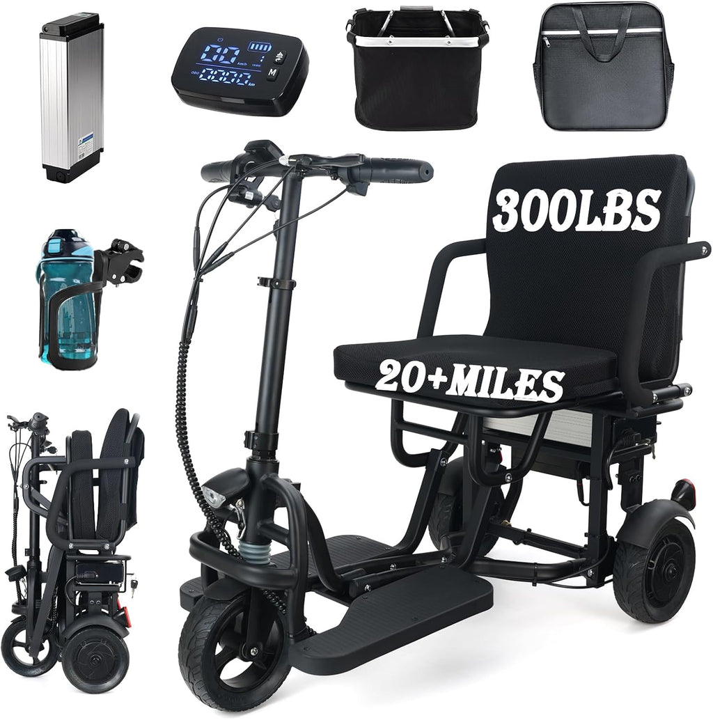 2026 New Upgrade Folding Mobility Scooters for Adults, 9.32mph 3 Wheel Ultra Lightweight Travel Portable Power Scooters for Seniors, with Automatic Cruise Control, with Basket & Cup Holde, Dust Cover