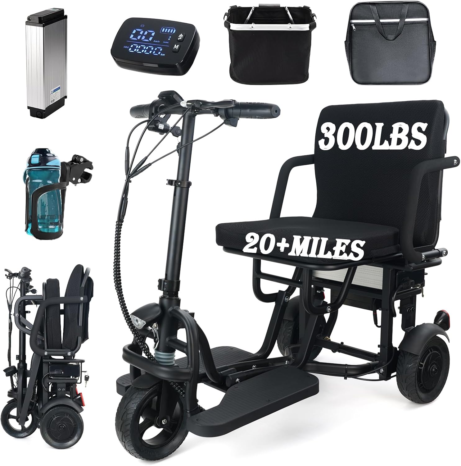 2026 New Upgrade Folding Mobility Scooters for Adults, 9.32mph 3 Wheel Ultra Lightweight Travel Portable Power Scooters for Seniors, with Automatic Cruise Control, with Basket & Cup Holde, Dust Cover
