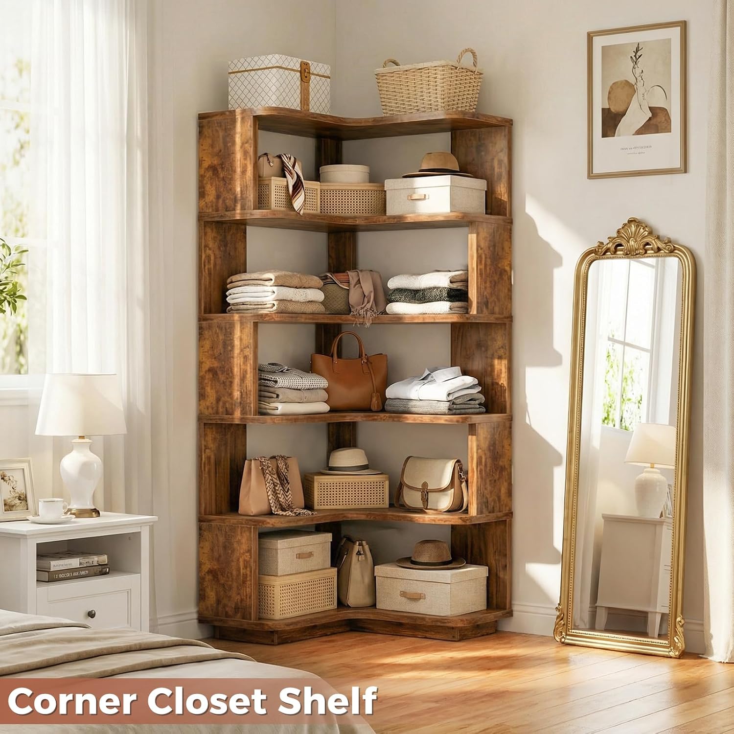 Besiost Corner Book Shelf, 6-Shelf Corner Bookshelf for Small Corner Spaces, L-Shape Bookcase Corner Display Shelf for Home Office, Living Room, Bedroom, Kitchen Pantry, Rustic Brown
