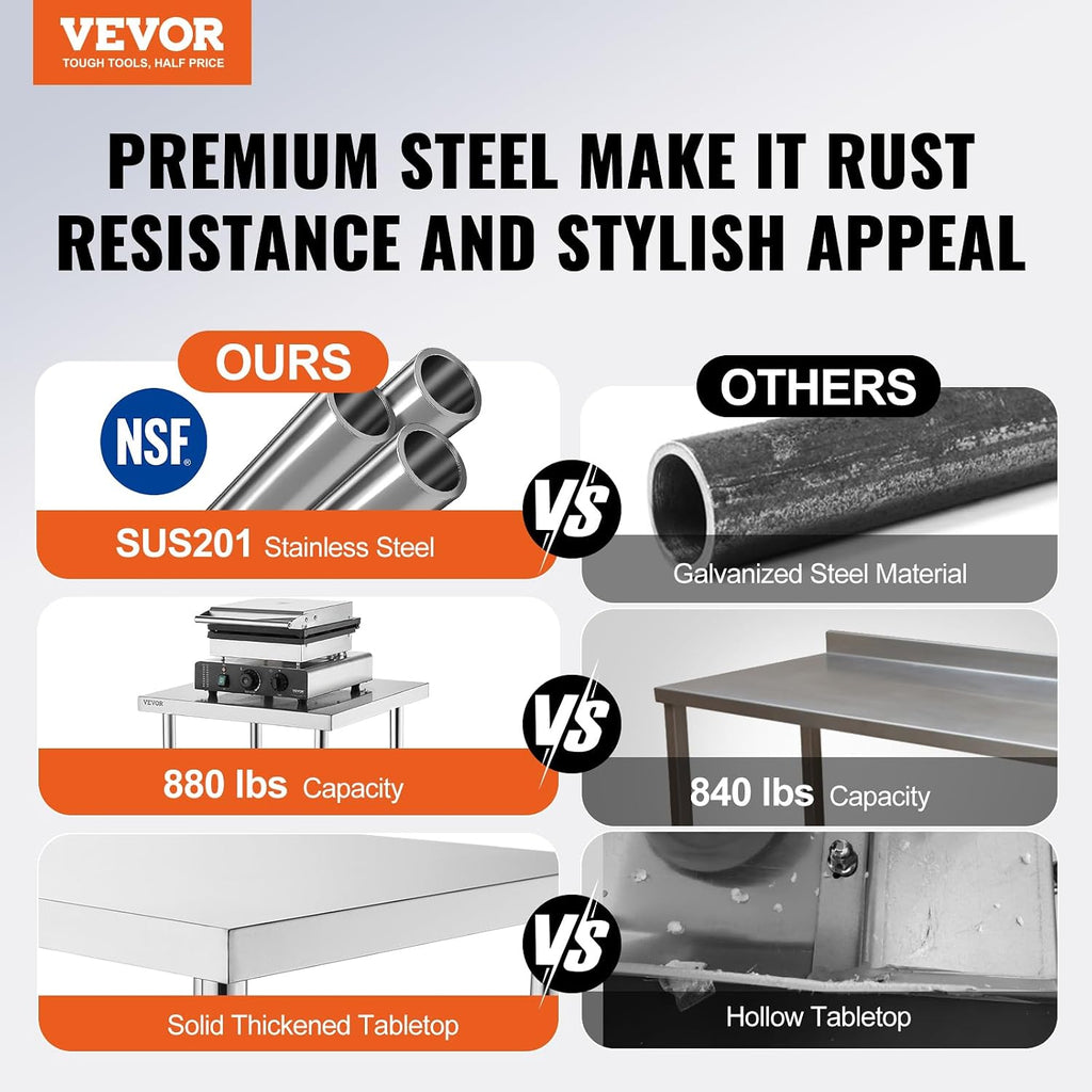 VEVOR Stainless Steel Prep Table, 24 x 72 x 34 Inch, 880 lbs Load Capacity, Heavy Duty Metal Worktable with 3 Adjustable Height Levels, Commercial Workstation for Kitchen Garage Restaurant Backyard