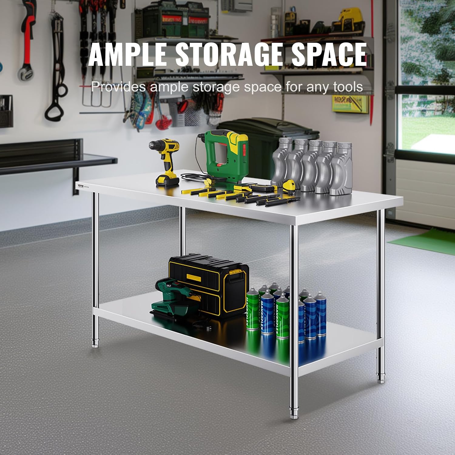 VEVOR Stainless Steel Prep Table, 30 x 60 x 34 Inch, 910 lbs Load Capacity, Heavy Duty Metal Worktable with 3 Adjustable Height Levels, Commercial Workstation for Kitchen Garage Restaurant Backyard