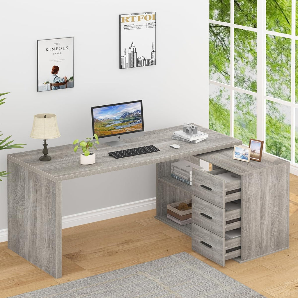 HSH L Shaped Office Desk with Drawers, Reversible Corner Wood Computer Desk Gray, Large L Shaped Desk with Storage Cabinet Shelves for Executive Writing Study, Modern Bedroom Table Grey Oak, 60 Inch