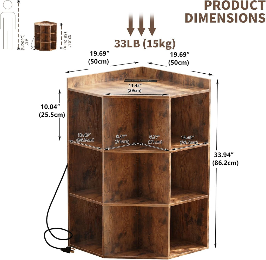 ALISENED 9 Cubes Brown Corner Cabinet, Corners Cube Shelf with USB Ports and Outlets, Toy Corners Storage for Small Space, Wooden Cubby Corner Bookshelf for Living Room, Bedroom, Dining Room, Kitchen