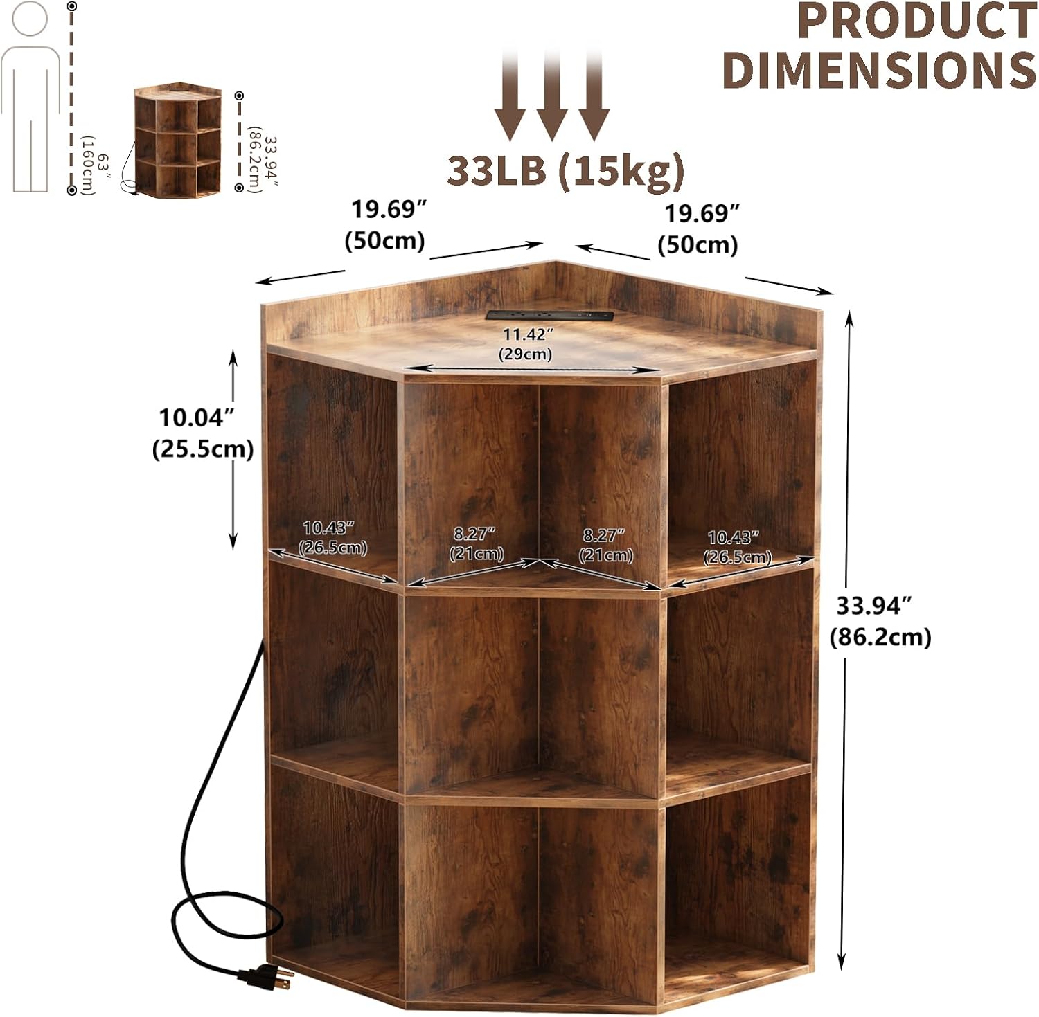 ALISENED 9 Cubes Brown Corner Cabinet, Corners Cube Shelf with USB Ports and Outlets, Toy Corners Storage for Small Space, Wooden Cubby Corner Bookshelf for Living Room, Bedroom, Dining Room, Kitchen