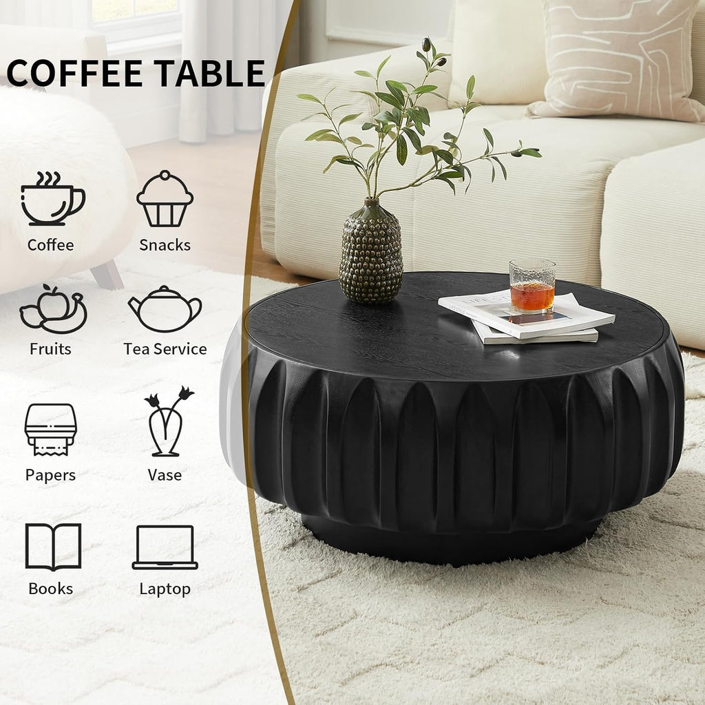 LKTART 31.5' Drum Coffee Table Modern Round Coffee Table Wood Fluted Centry Table with Solid Wood Veneer for Living Room, Easy Assemble, Black