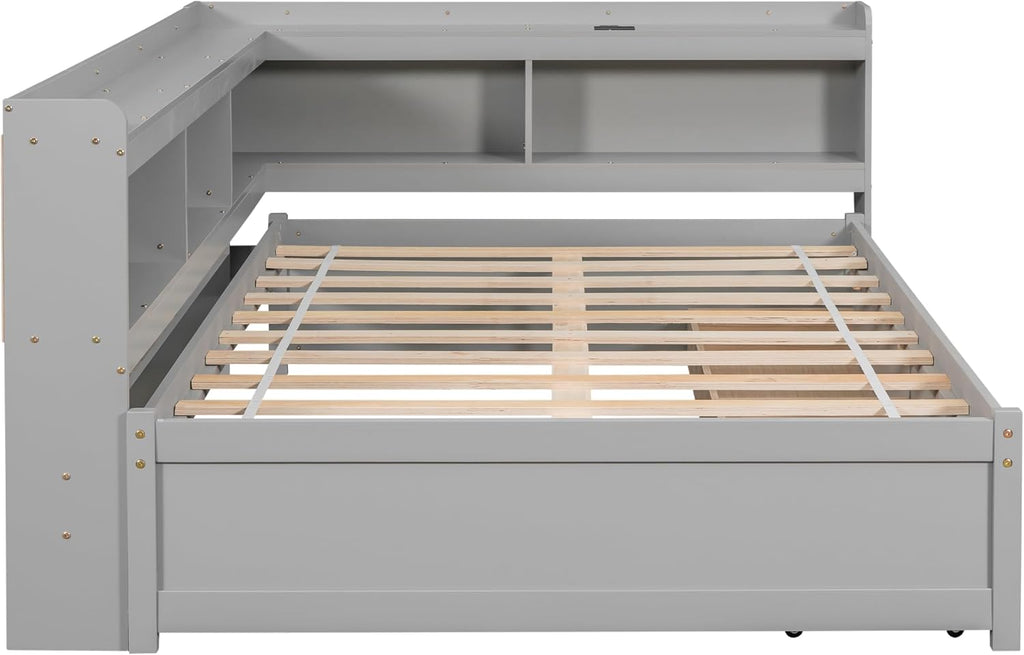 JIJIWANG Full Size Daybed with Storage Drawers and Shelves,Wood Corner Bed with USB Charging Ports and Power Outlets,L-Shaped and Bookcase,for Living Room,Bedroom,Grey