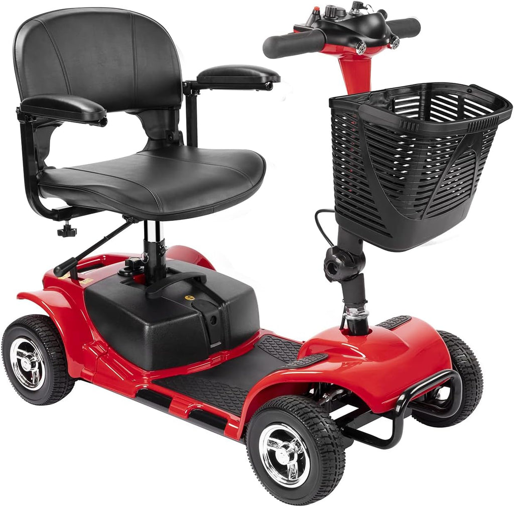 4 Wheel Mobility Scooter, Electric Power Mobile Wheelchair for Seniors Adult with Lights- Collapsible and Compact Duty Travel Scooter w/Basket Extended Battery Red Light Red