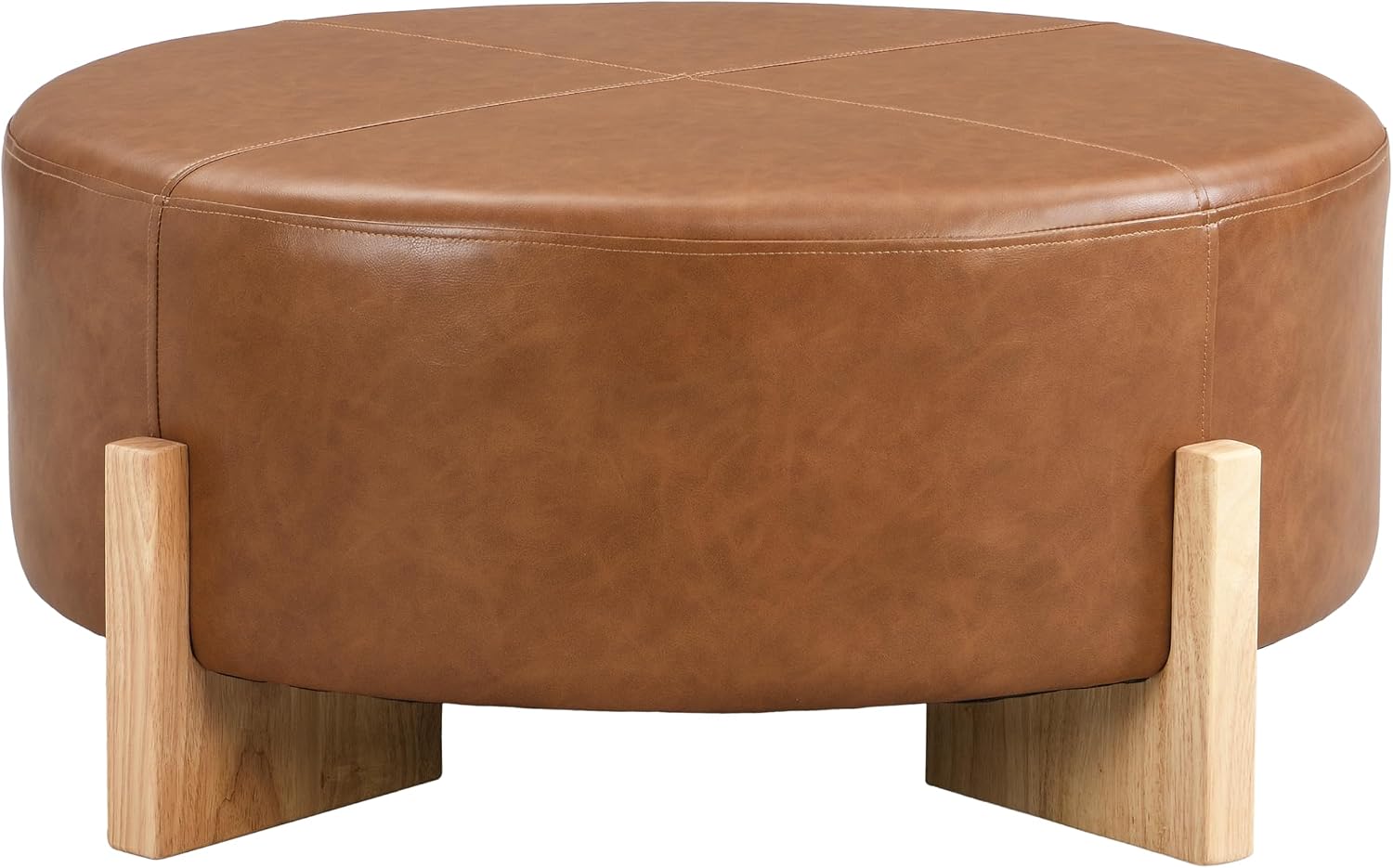 Merax 34'' Cocktail Round Ottoman, Modern Ottoman Coffee Table with Removable Top，Leather Ottoman for Living Room, Bedroom, Office,Brown