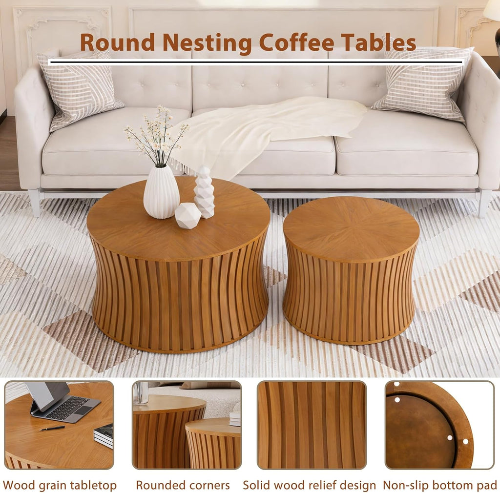 Round Wood Coffee Table Set of 2 Modern Circle Nesting Coffee Table Handcrafted Drum Nesting Table Nesting Coffee Tables for Living Room for Small Space (Brown (D26.4+D19.68 inch))