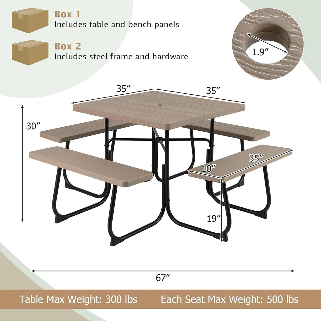 Tangkula 8 Person Picnic Table, Outdoor Square Picnic Table with 4 Built-in Benches, Umbrella Hole, Metal Frame & HDPE Tabletop, Outside Table and Bench Set for Backyard, 2300lbs Weight Capacity