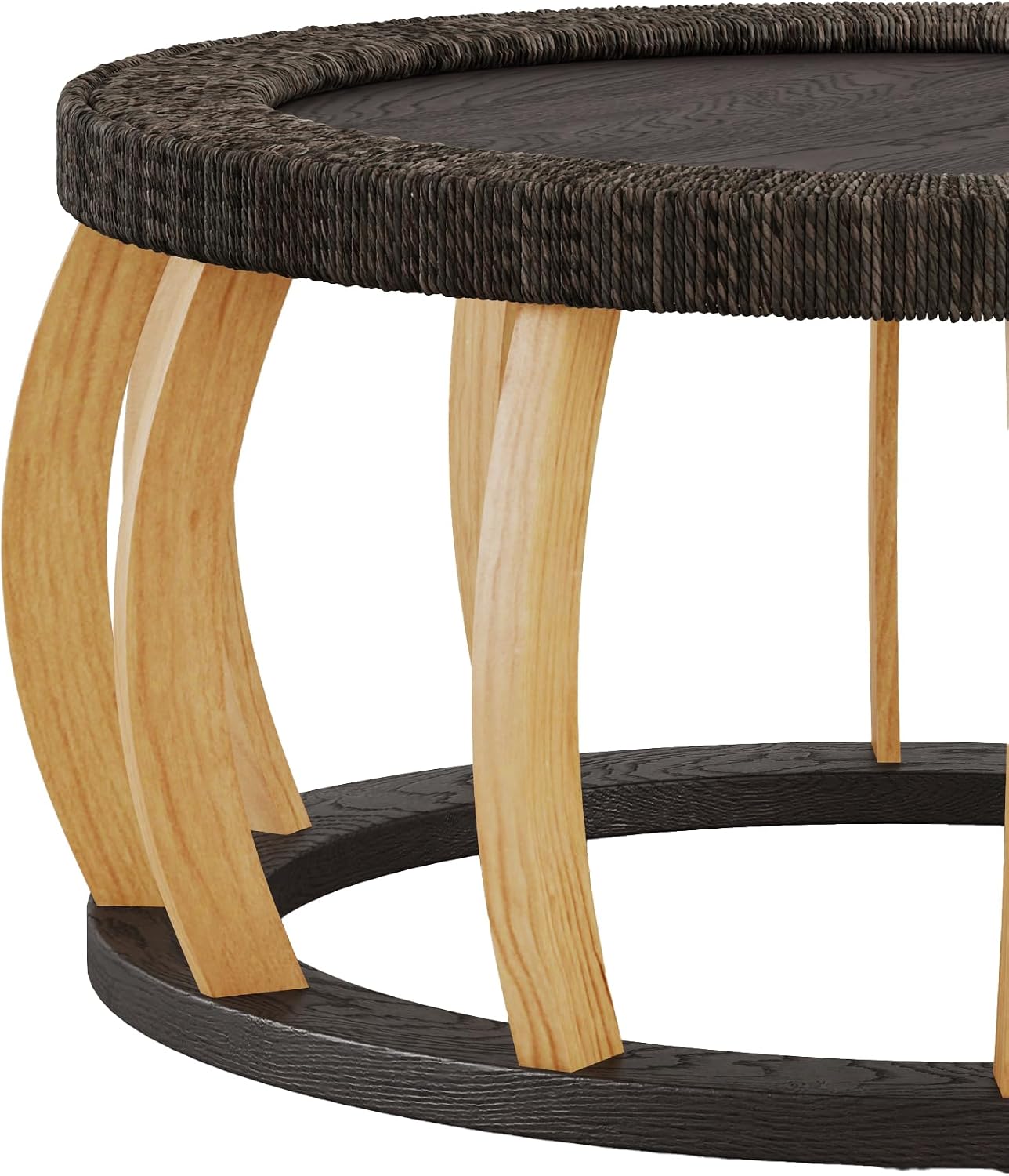 JIJIWANG 35.43' Rattan Round Coffee Table with Solid Wood Top, Vintage Accent Table with Curved Legs, Boho Side Tables for Dining Room, Kitchen, Living Room, Black Brown