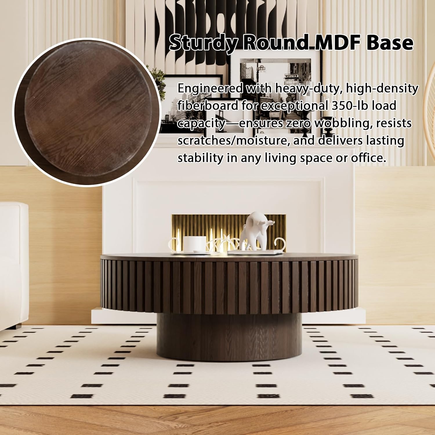 31.5'' Round Drum Coffee Table Circle Fluted Coffee Tables with Storage Modern Handcrafted Fluted Centry Table for Living Room Apartment Small Space