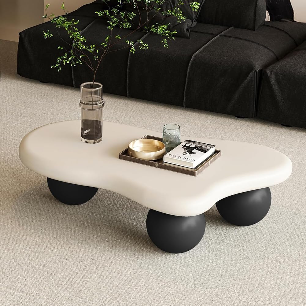 40' Cloud Coffee Table for Living Room Irregular Coffee Table Modern Low Coffee Tables Cute Small Center Table with 3 Ball Legs for Small Space Apartment White & Black